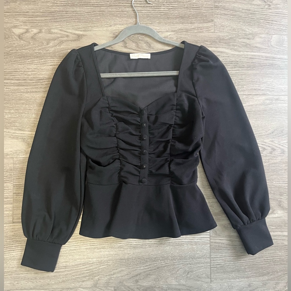 Belle Poque Women’s Black Vintage Lantern Sleeve Blouse Sweetheart Neck Peplum